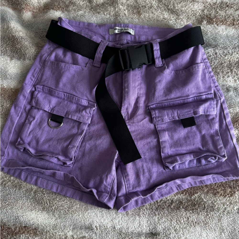 American Bazi Purple and Black Cargo Shorts with Adjustable Waistband